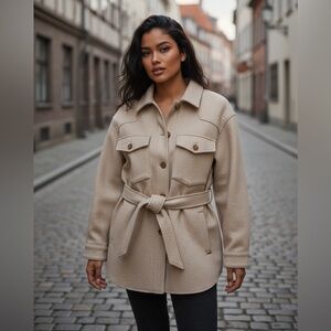 NEW Zara Elegant Stylish Tan Belted Coat Bloggers Favorite Casual Size Large